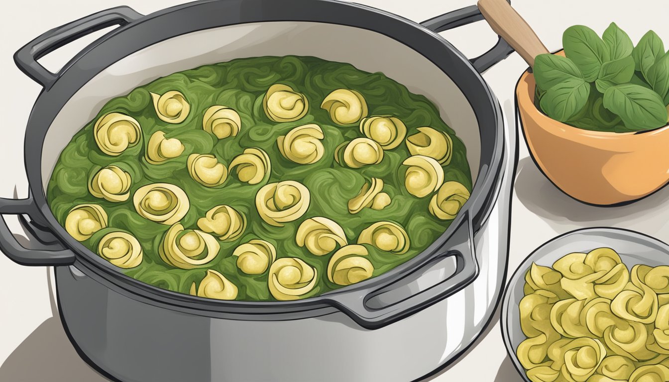 A pot of boiling water with Amys pesto tortellini being added