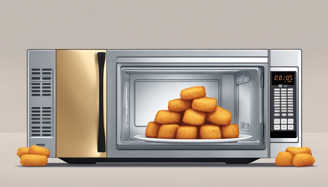 A microwave with a plate of banquet chicken nuggets inside, rotating as it heats up the meal evenly