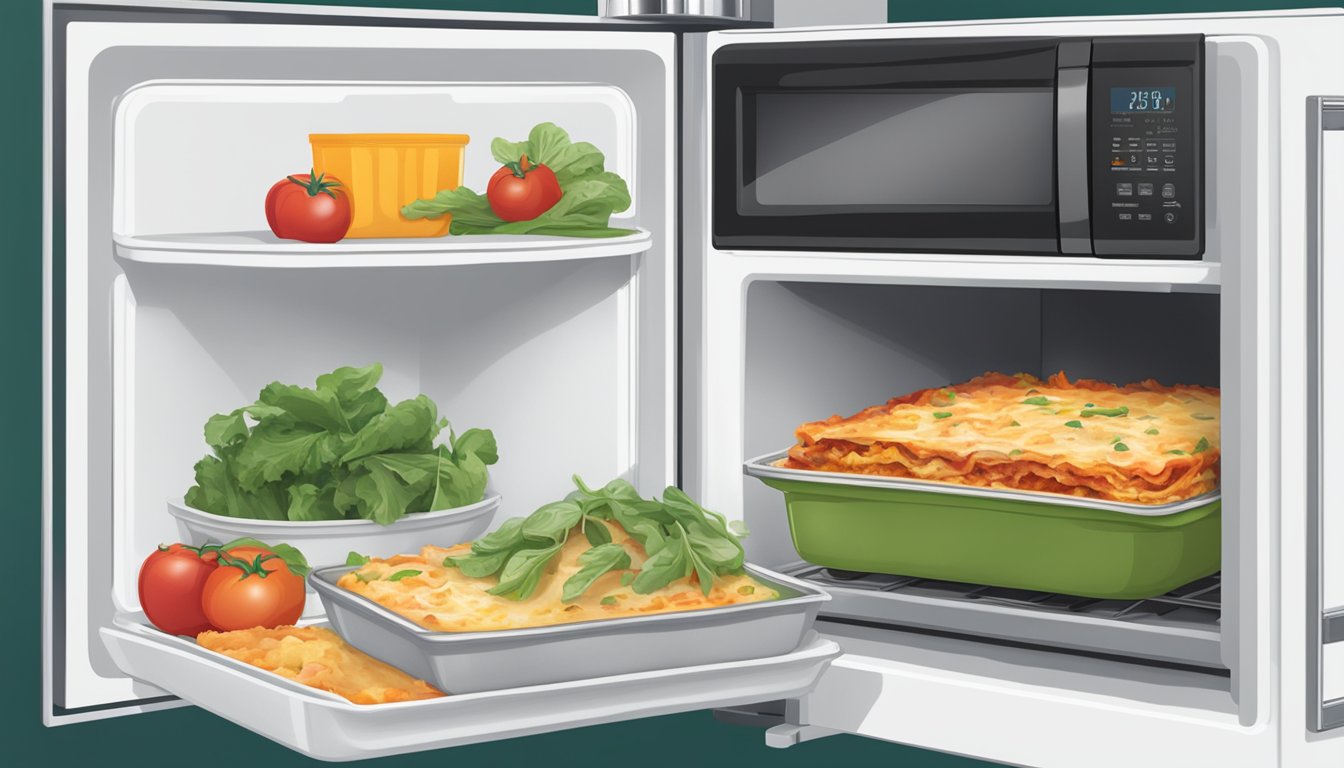 A microwave with a plate of Amy's Kitchen vegetable lasagna inside, a container of leftover lasagna being placed in the refrigerator