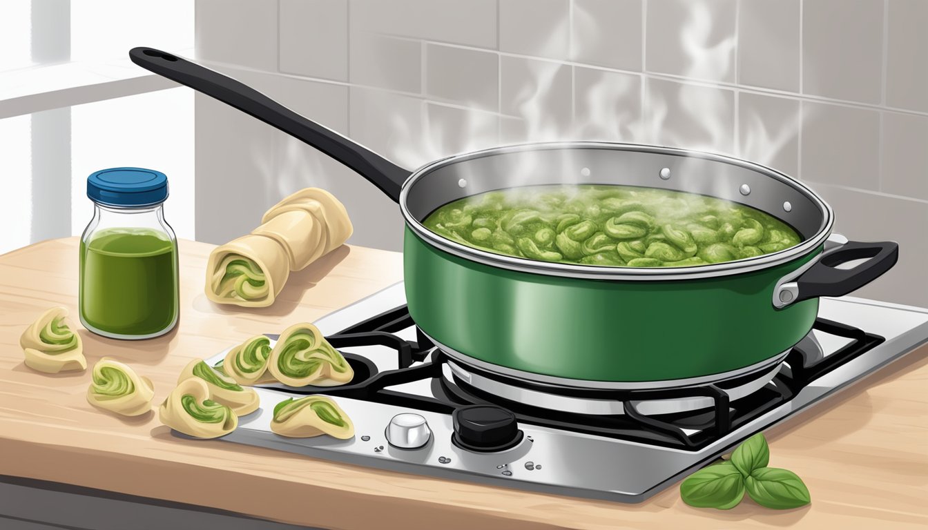 A pot of water boiling on the stove, with a package of Amy's pesto tortellini next to it and a slotted spoon nearby