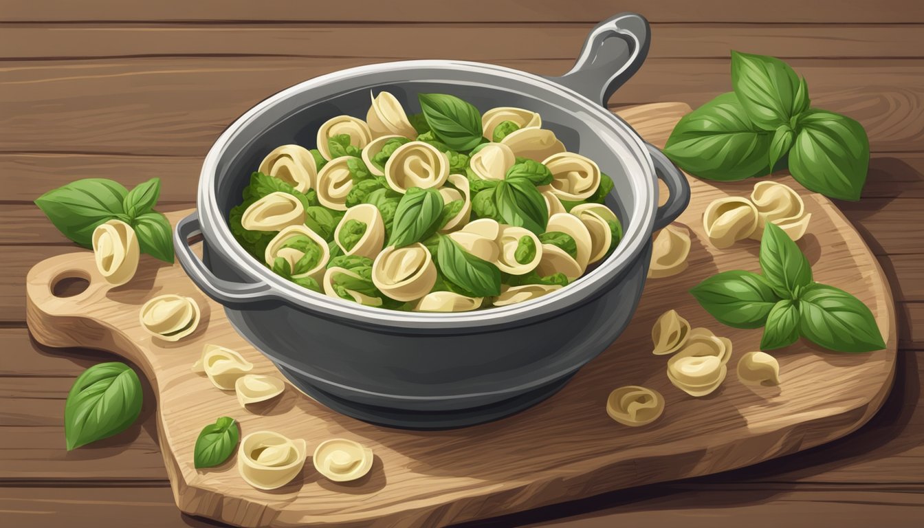 A steaming bowl of pesto tortellini sits on a rustic wooden table, surrounded by fresh basil leaves and a sprinkle of parmesan cheese