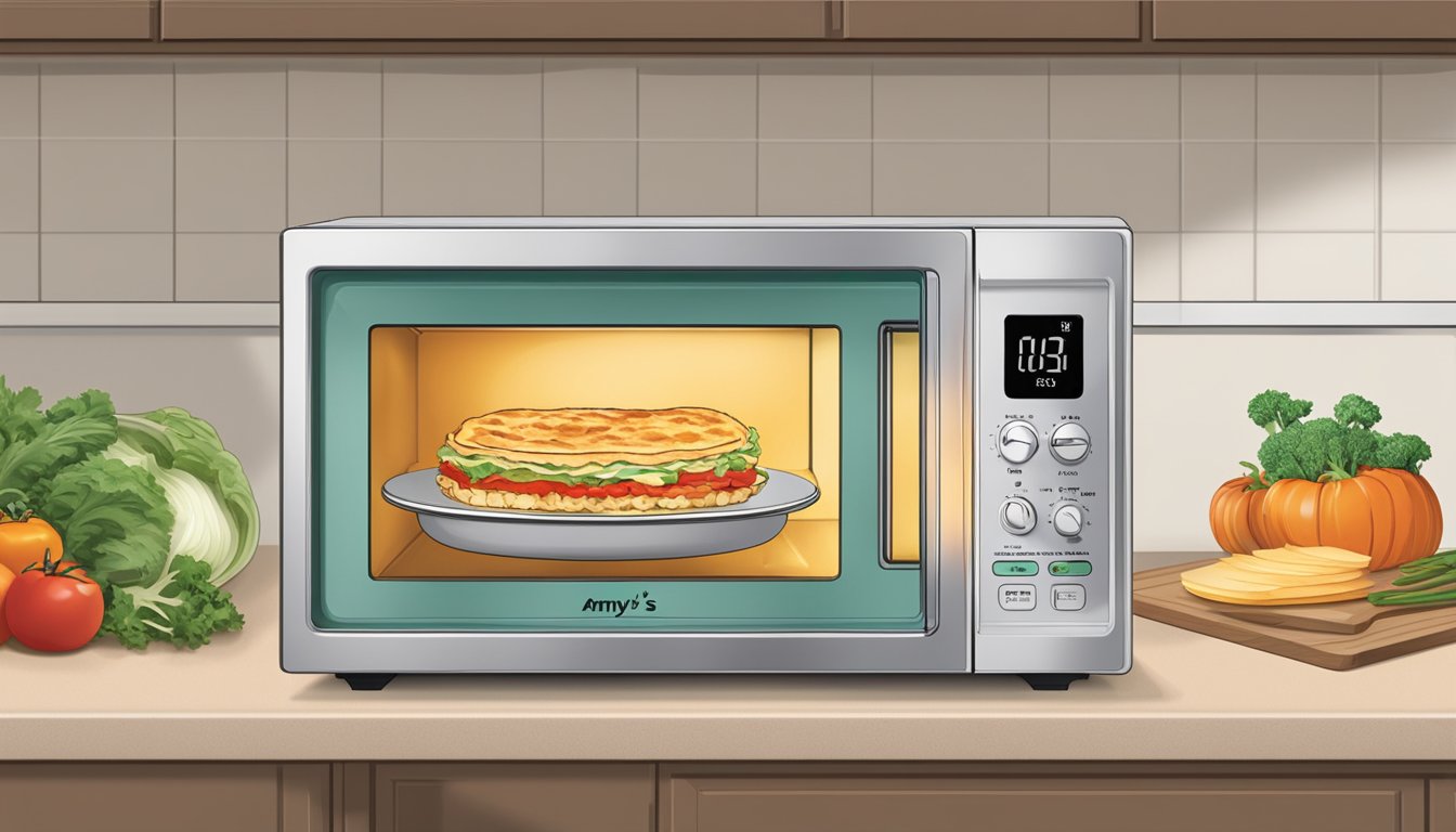 A microwave door is open, with a steaming plate of Amy's Kitchen vegetable lasagna inside. The digital timer displays the remaining seconds as the food heats up