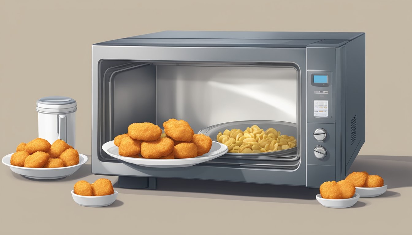 A microwave with a plate of banquet chicken nuggets inside, rotating on a turntable