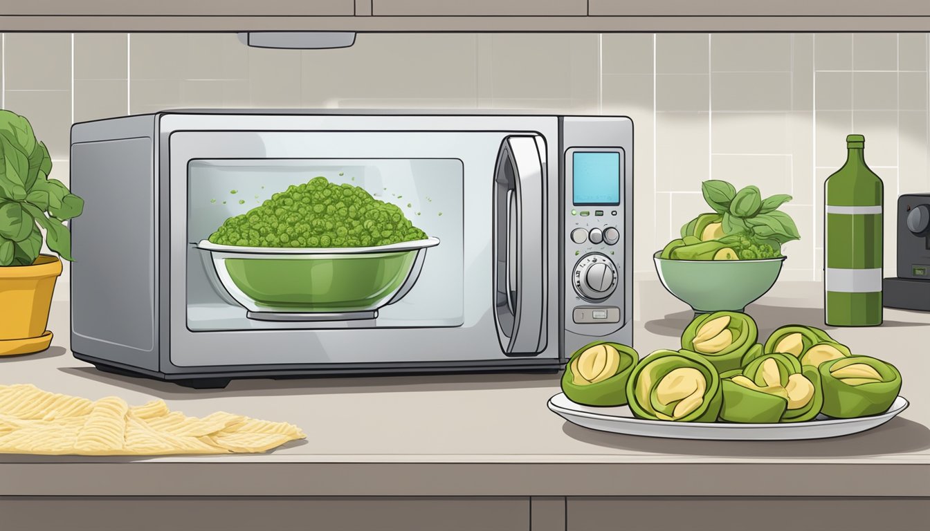 A microwave with a bowl of Amy's pesto tortellini inside, a hand pressing the buttons, and steam rising from the bowl