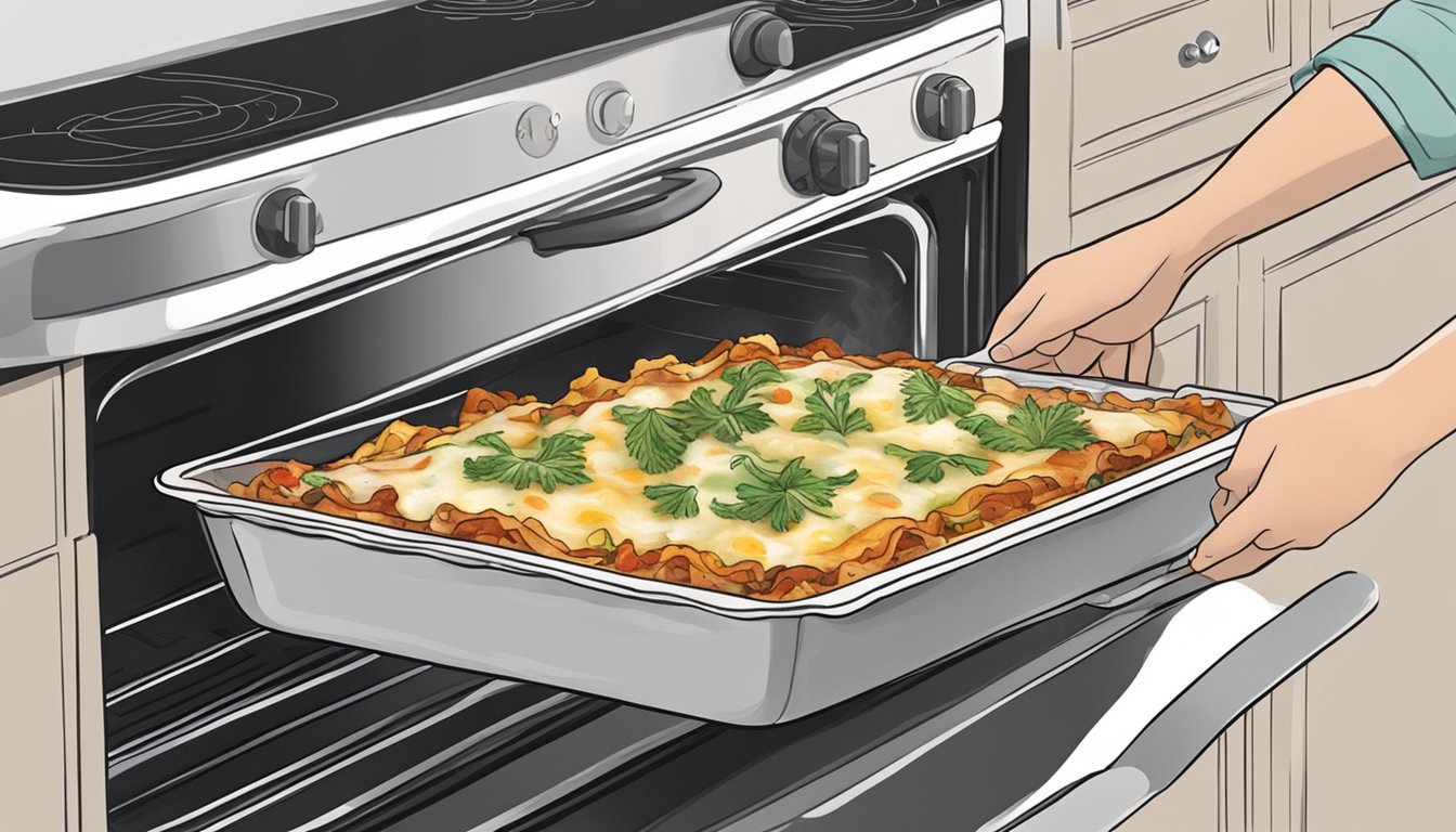 A person using oven mitts to remove a steaming tray of Amy's Kitchen vegetable lasagna from the oven