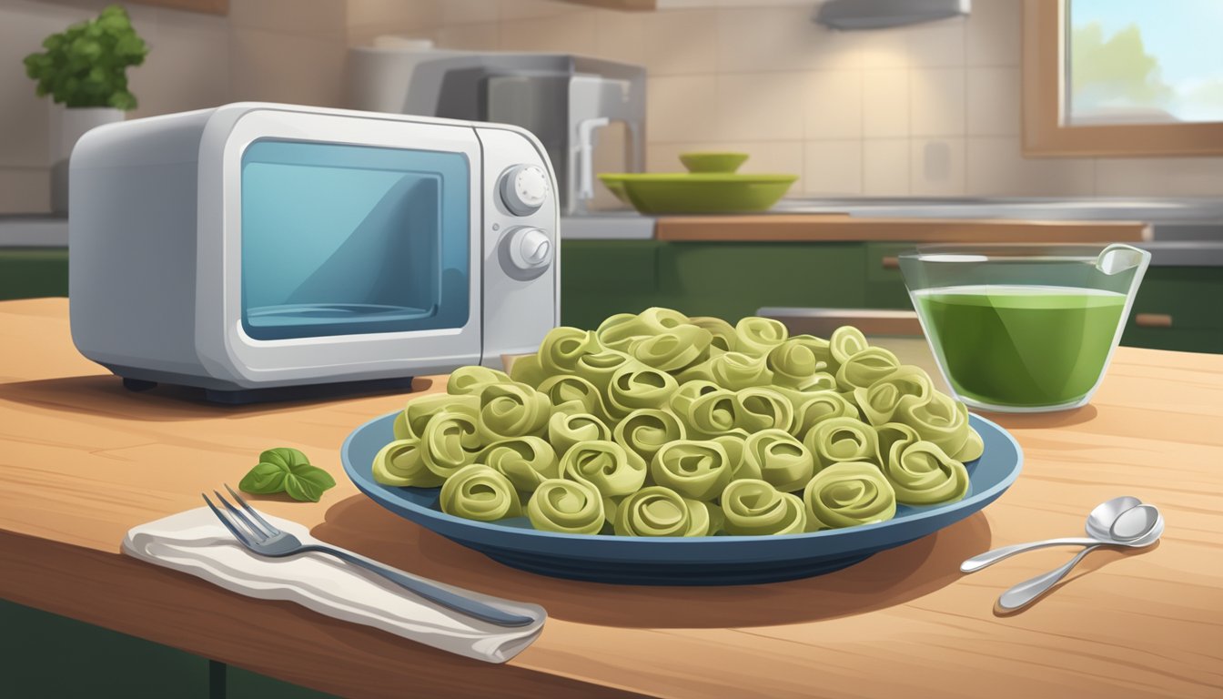 A plate of pesto tortellini sits on a wooden table next to a reusable container. A microwave and a steaming bowl of water are nearby, along with a set of eco-friendly utensils