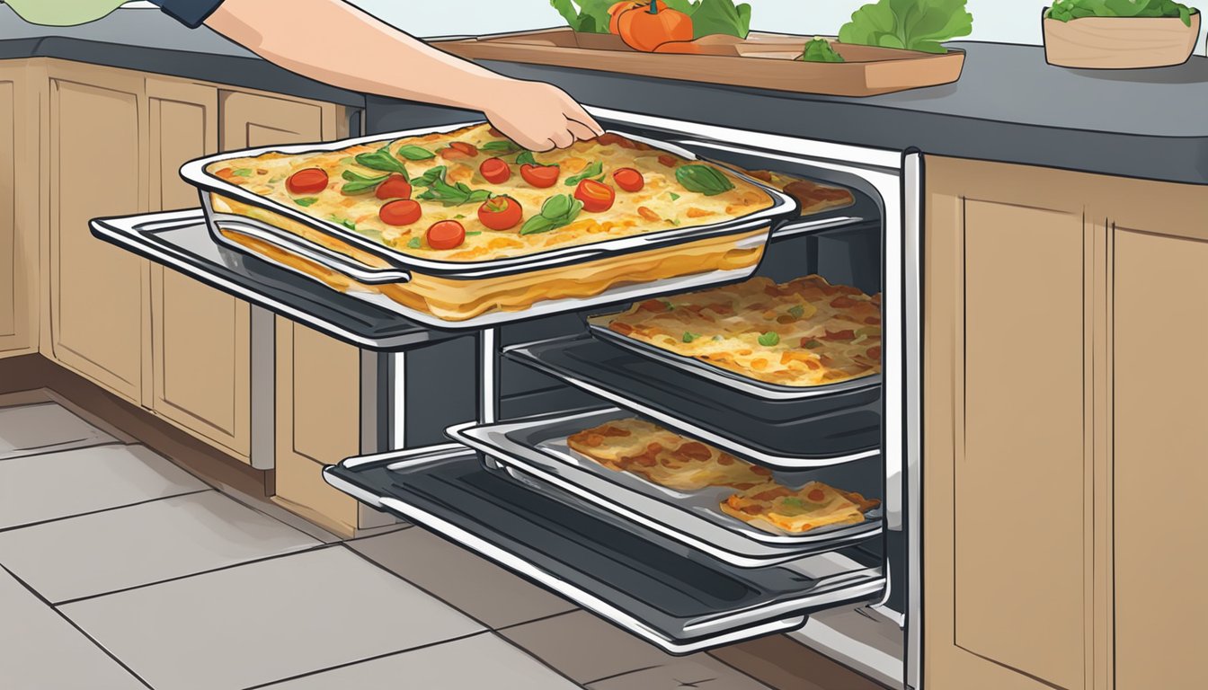 A person placing Amy's vegetable lasagna in the oven