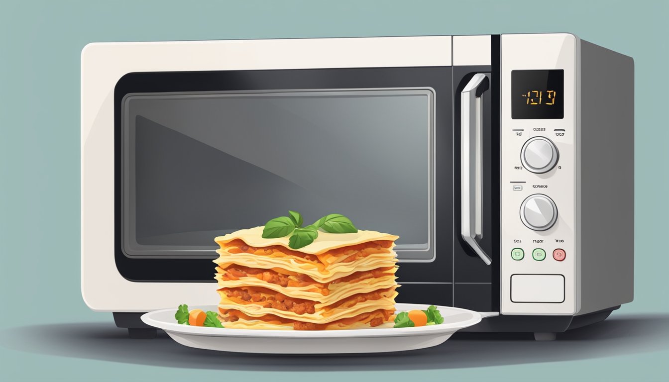 A microwave with a plate of lasagna inside, a fork next to it, and a timer set for reheating