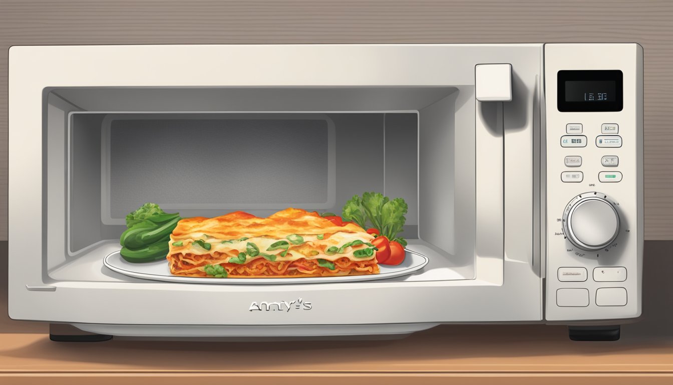 A microwave with a steaming plate of Amy's vegetable lasagna inside