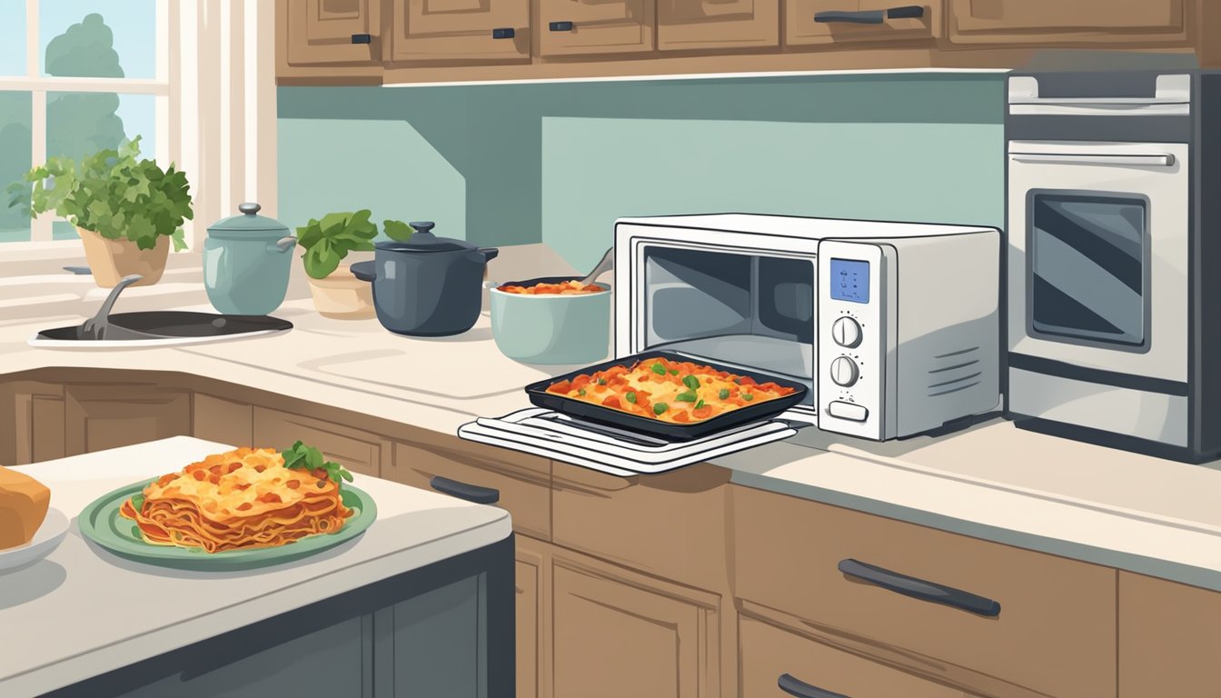 A microwave and oven sit on a kitchen counter next to a tray of leftover lasagna. A person uses oven mitts to remove the hot dish from the oven