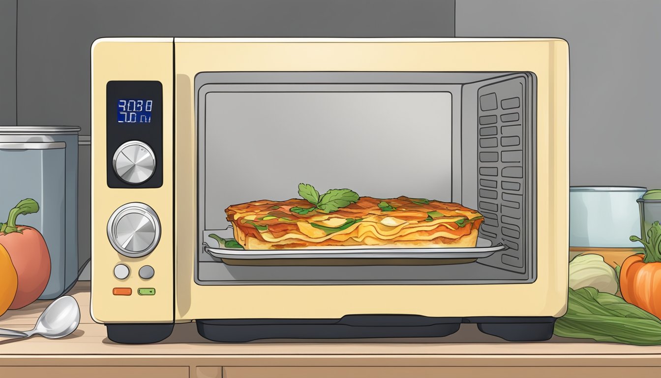 A microwave with a steaming plate of Amy's vegetable lasagna next to a fork and a kitchen timer