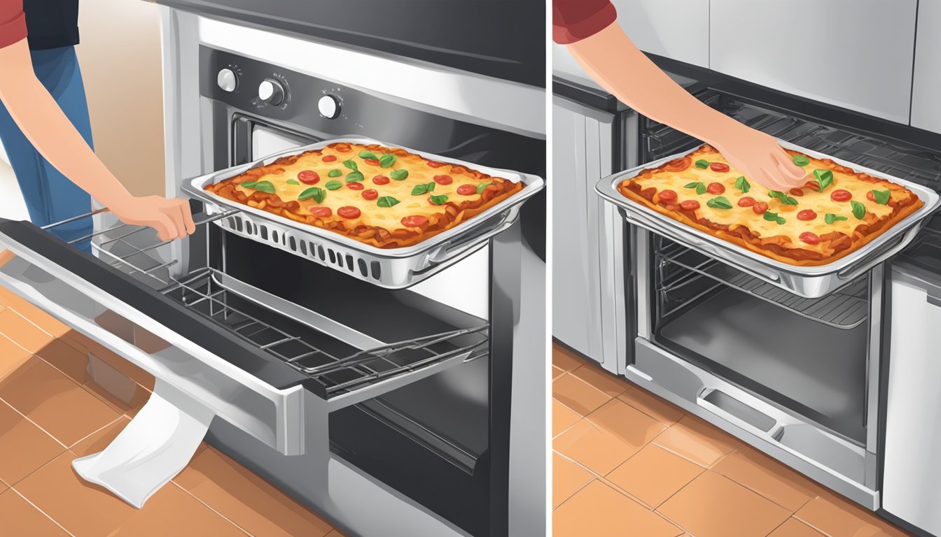 A person placing a tray of lasagna in the oven, setting the temperature and timer, and then removing the hot lasagna from the oven with oven mitts