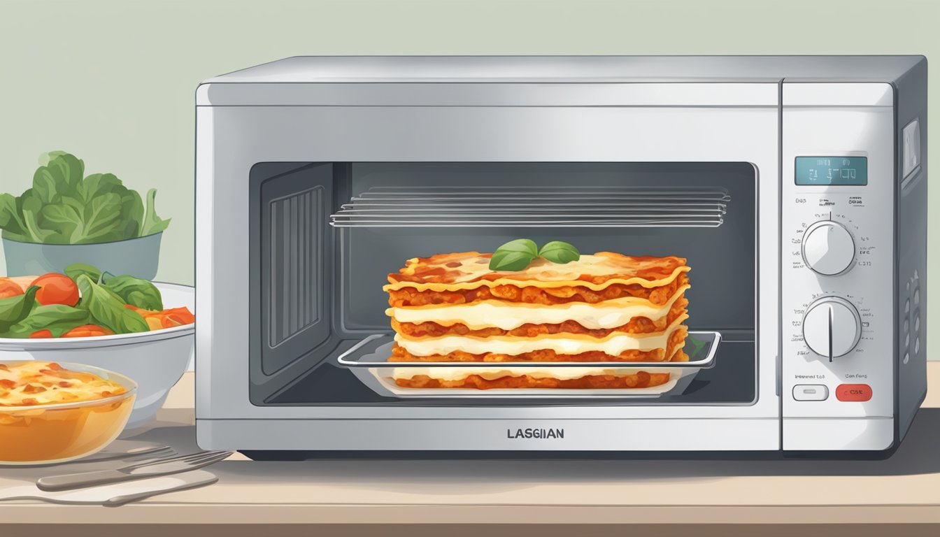 A microwave with a plate of vegetable lasagna inside, a fork next to it, and a steaming hot lasagna coming out of the microwave