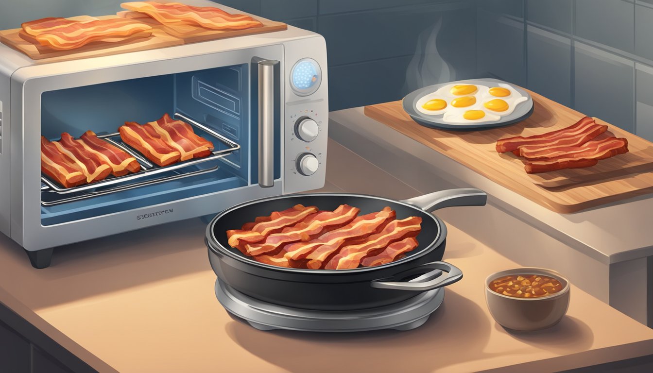 A sizzling skillet with reheated bacon strips, steam rising. A microwave with a plate of crispy bacon. A toaster oven with sizzling bacon