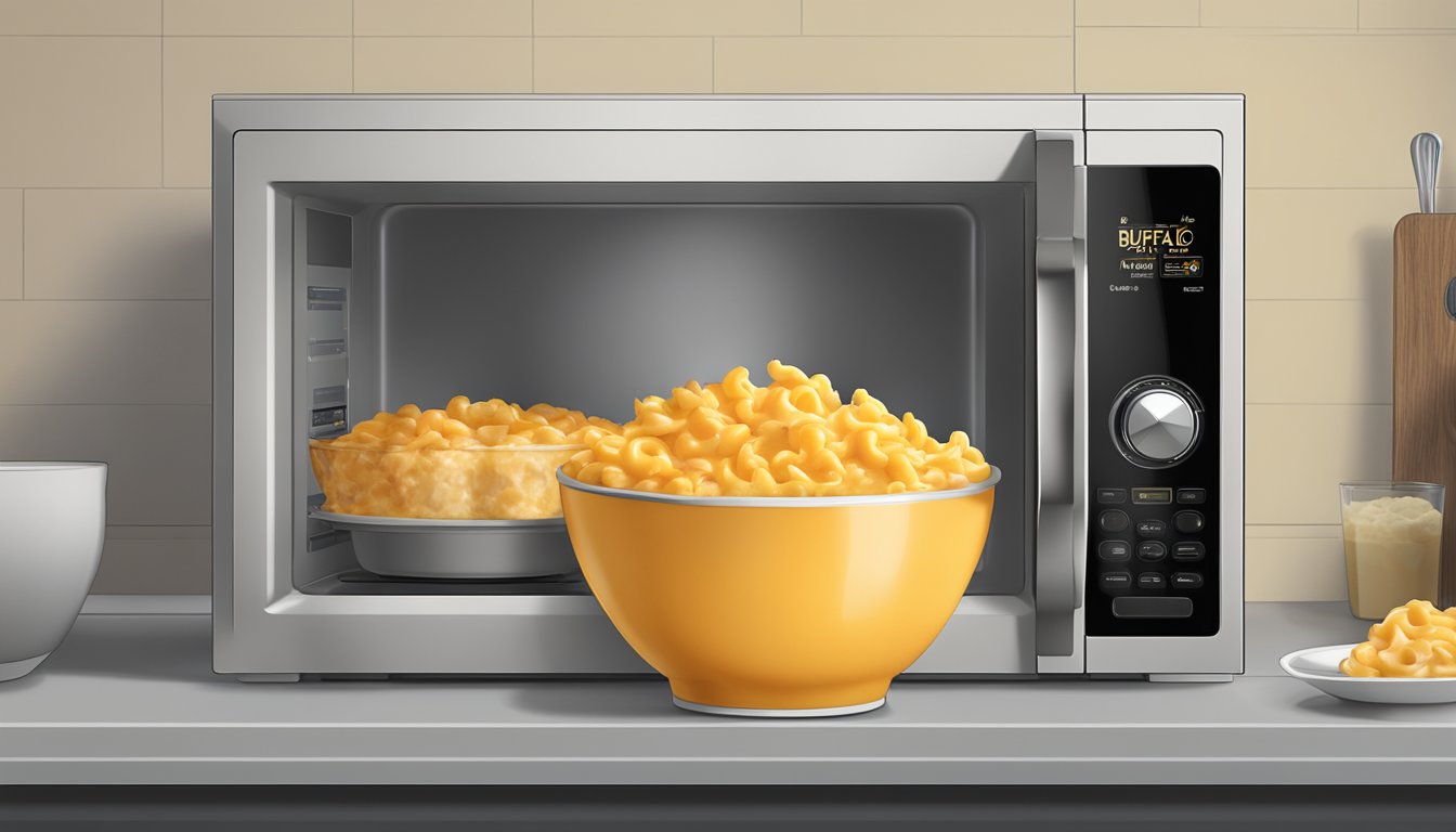 A microwave with a steaming bowl of buffalo style chicken mac n cheese