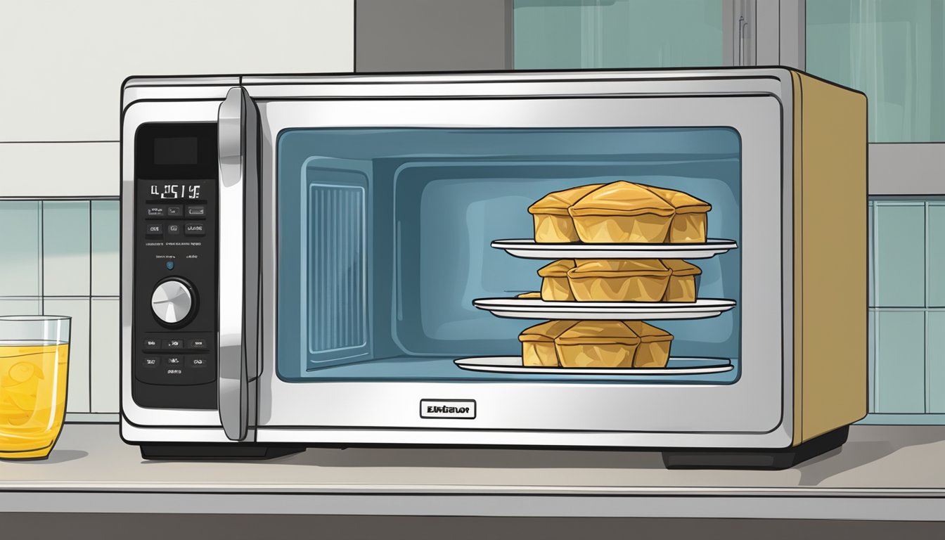 A plate of baklava sits in a microwave, with a glass of water nearby. The microwave door is open, and the timer is set