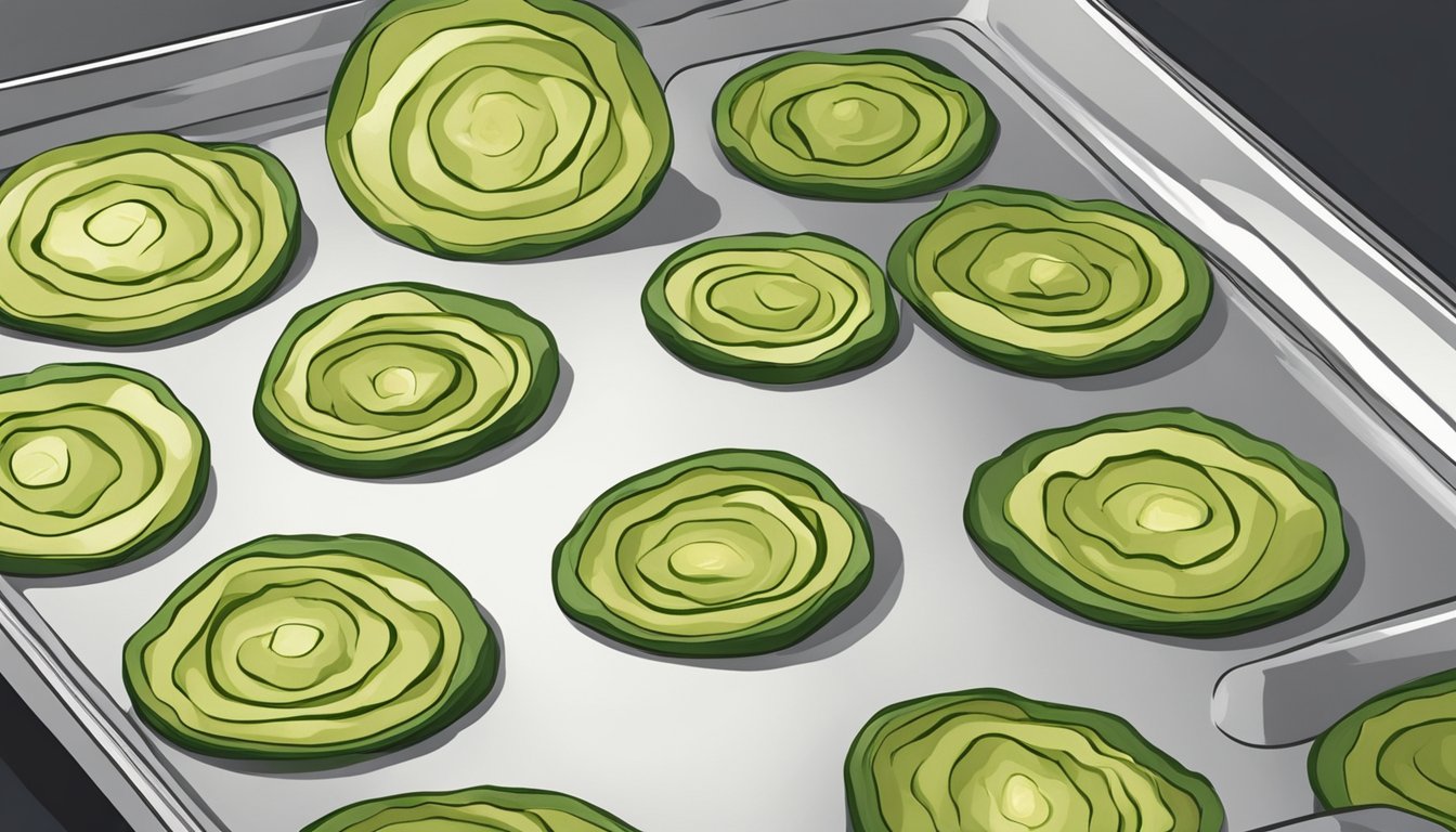 Freshly baked zucchini chips arranged on a baking sheet, ready to be reheated in the oven