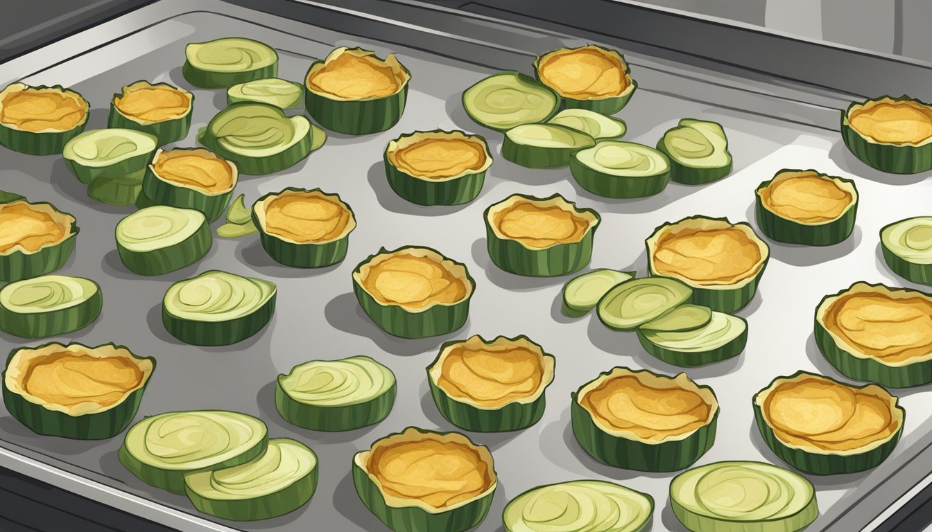 Baked zucchini chips on a baking sheet in the oven