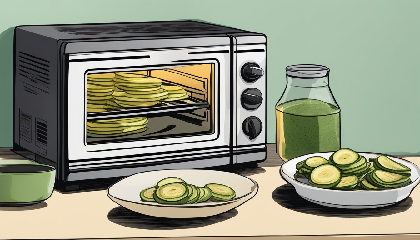 A plate of baked zucchini chips arranged next to a microwave with a timer set to reheat them. A small bowl of dipping sauce sits nearby