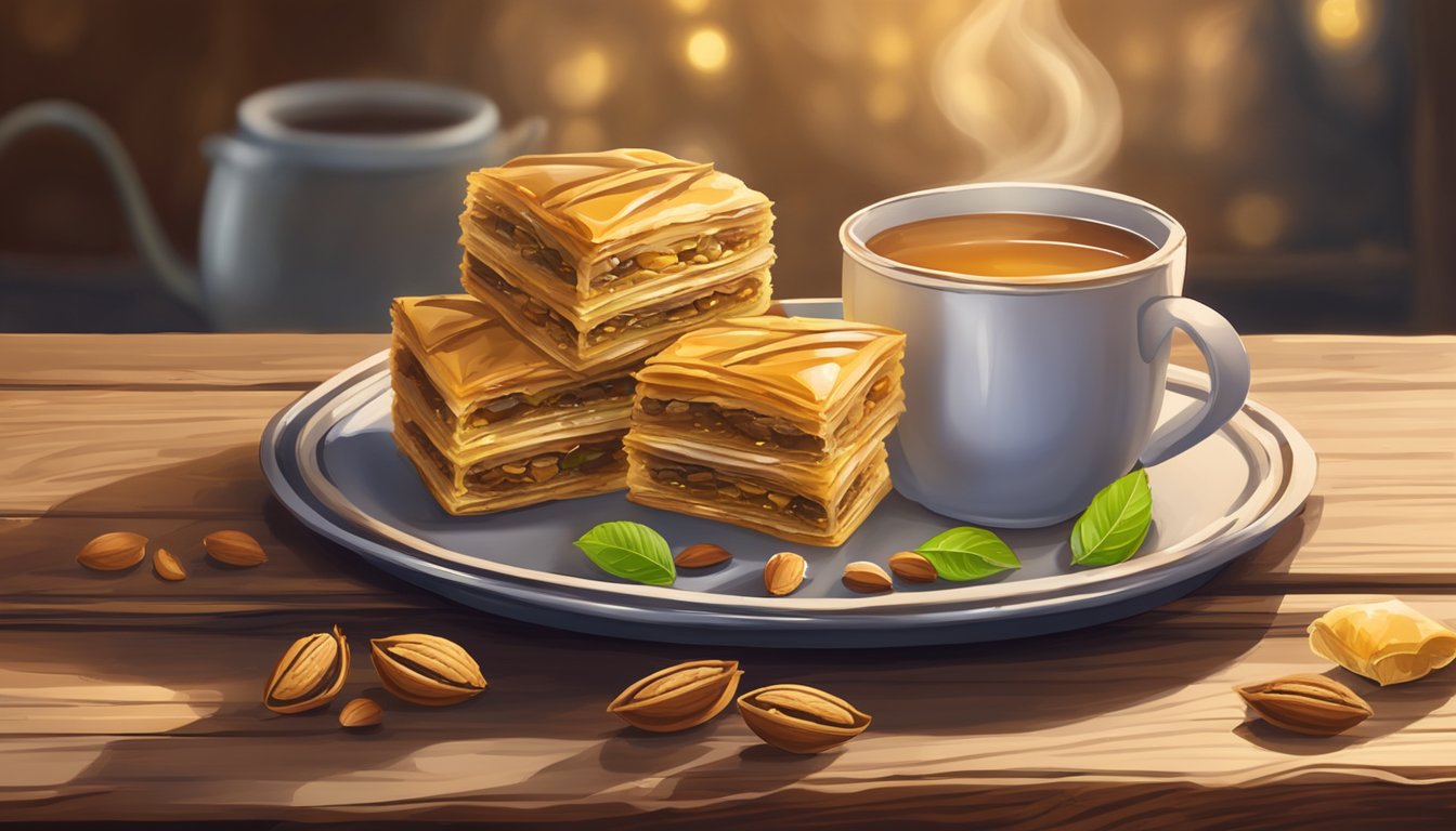 A tray of baklava sits on a rustic wooden table with a steaming cup of tea. The golden layers of pastry and nuts glisten in the warm light