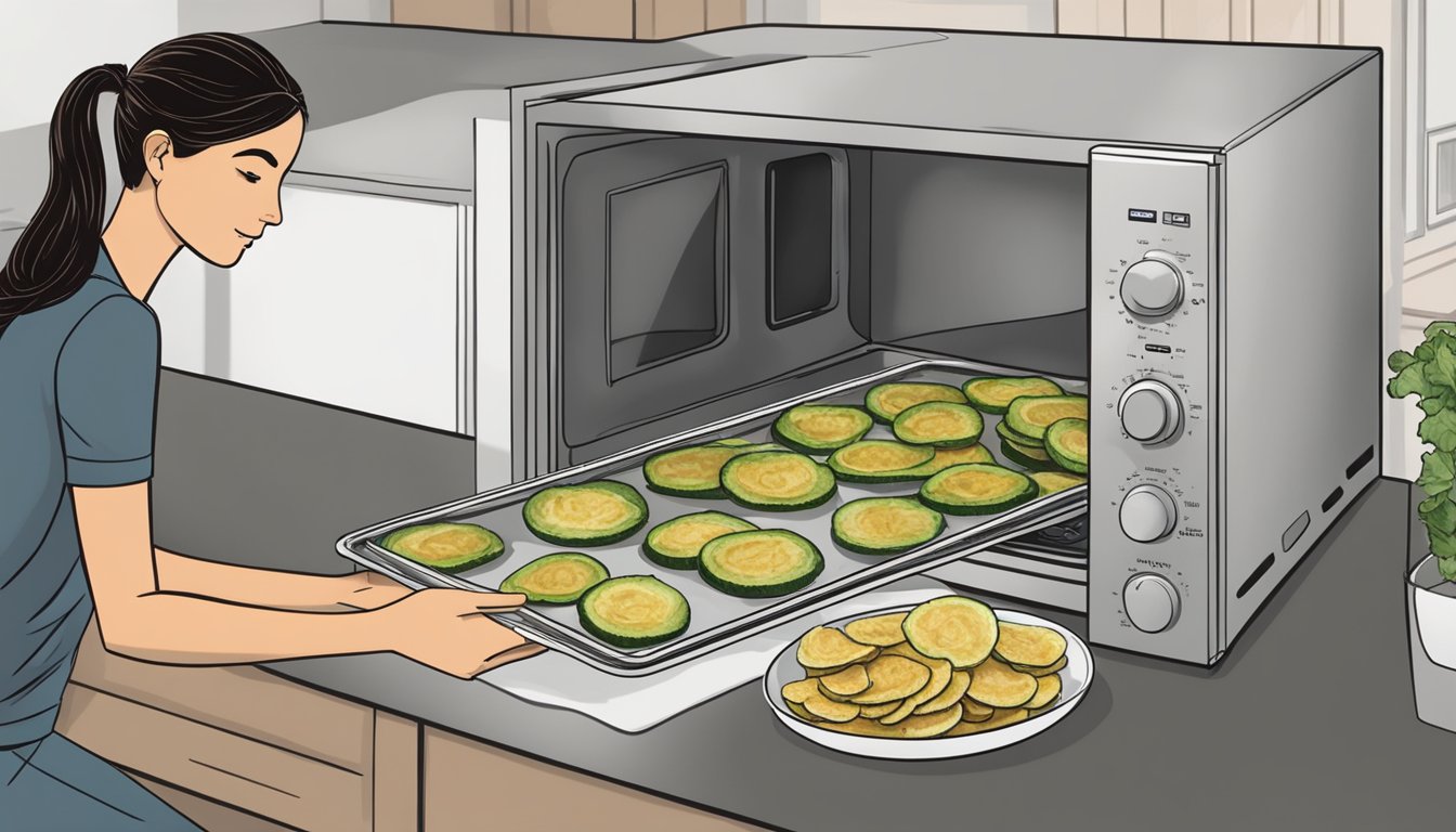 Freshly baked zucchini chips on a baking sheet, a microwave, and a person checking the chips for crispiness