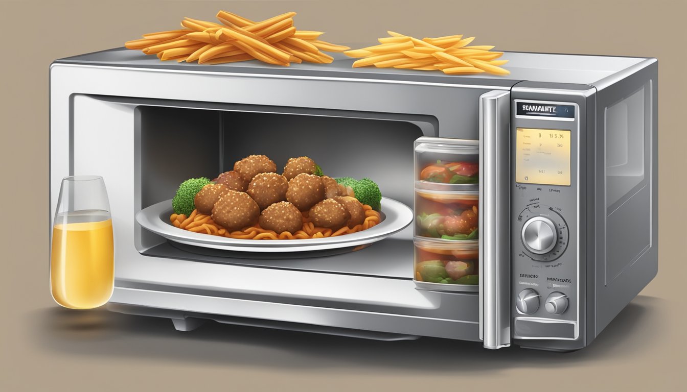 A microwave with a spinning plate, a steaming Banquet Mega Bowl filled with dynamite penne and meatballs