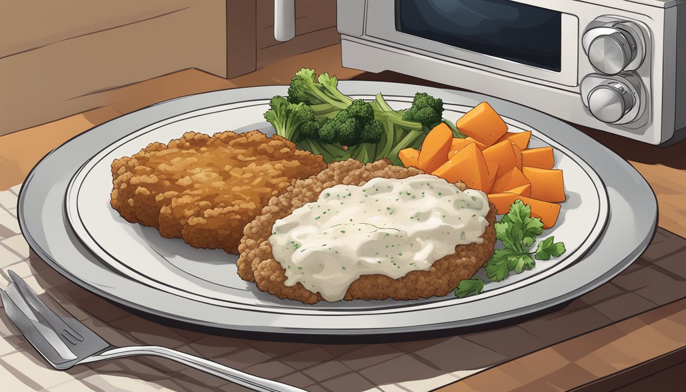 A banquet-style chicken fried steak meal being reheated in a microwave on a plate, surrounded by steaming vegetables and a side of mashed potatoes