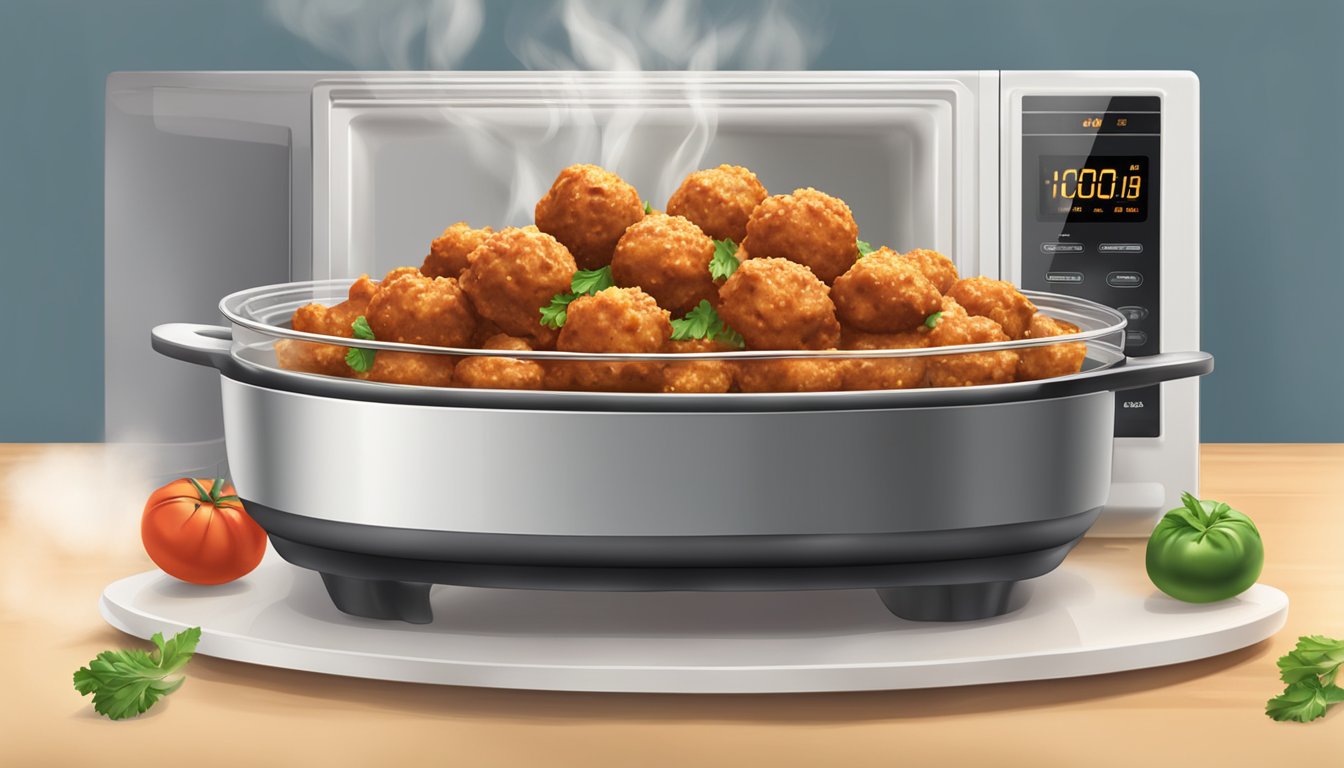 A steaming banquet mega bowl of dynamite penne meatballs being reheated in the microwave