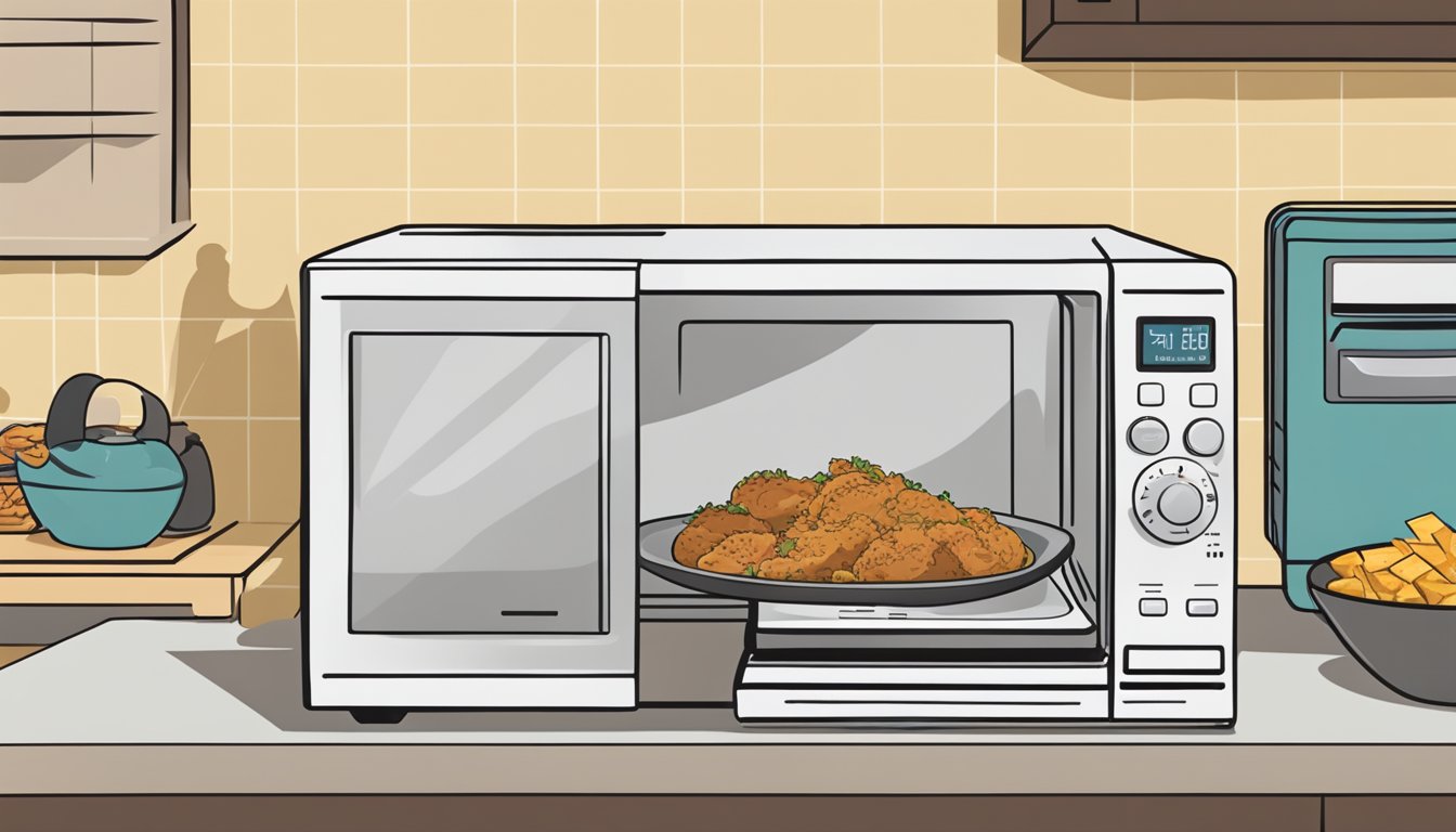 A microwave with a plate of chicken fried steak meal inside, a timer set, and a hand reaching to press the start button