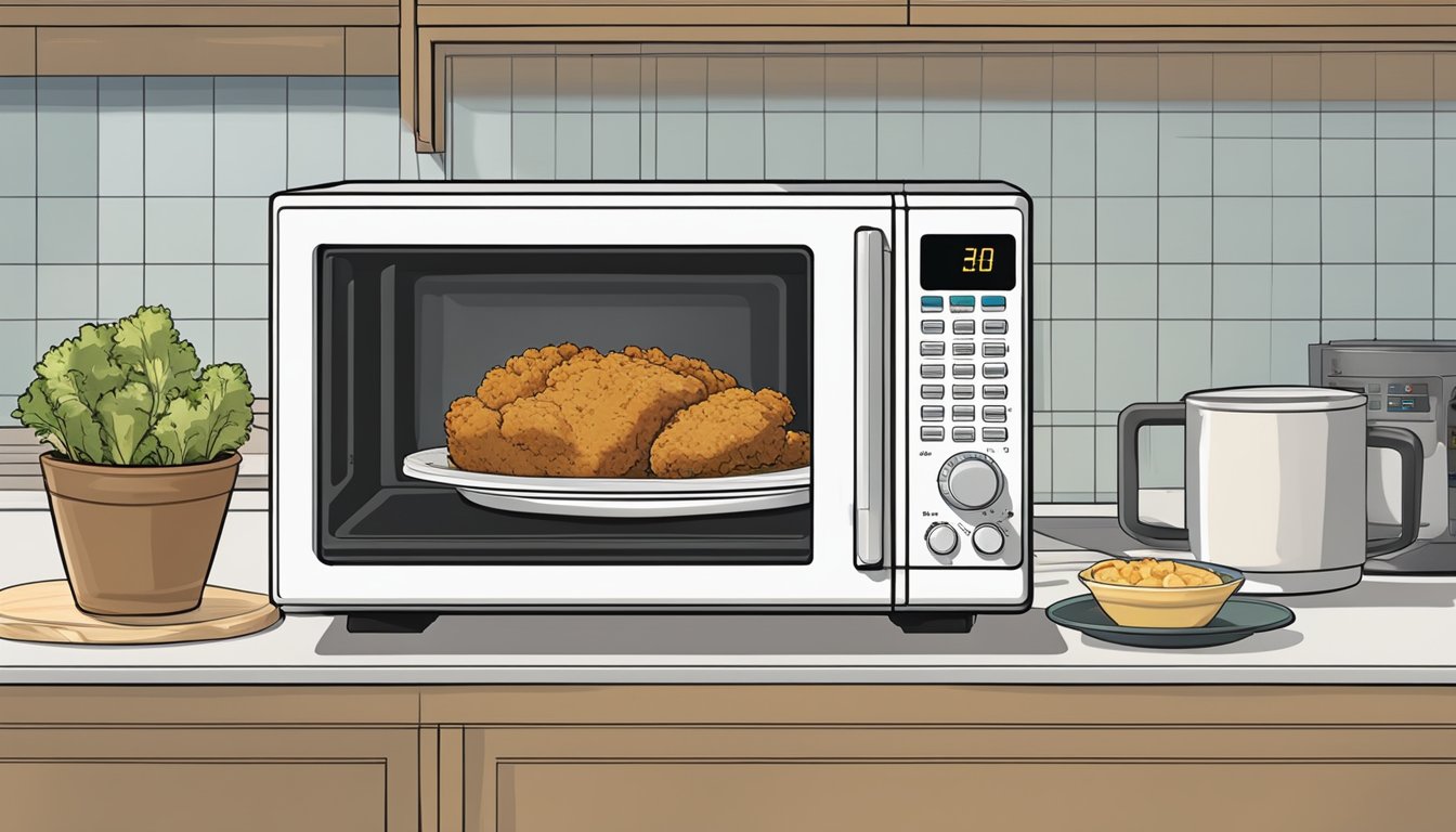 A microwave with a plate of chicken fried steak, a digital thermometer, and a timer set to ensure thorough reheating