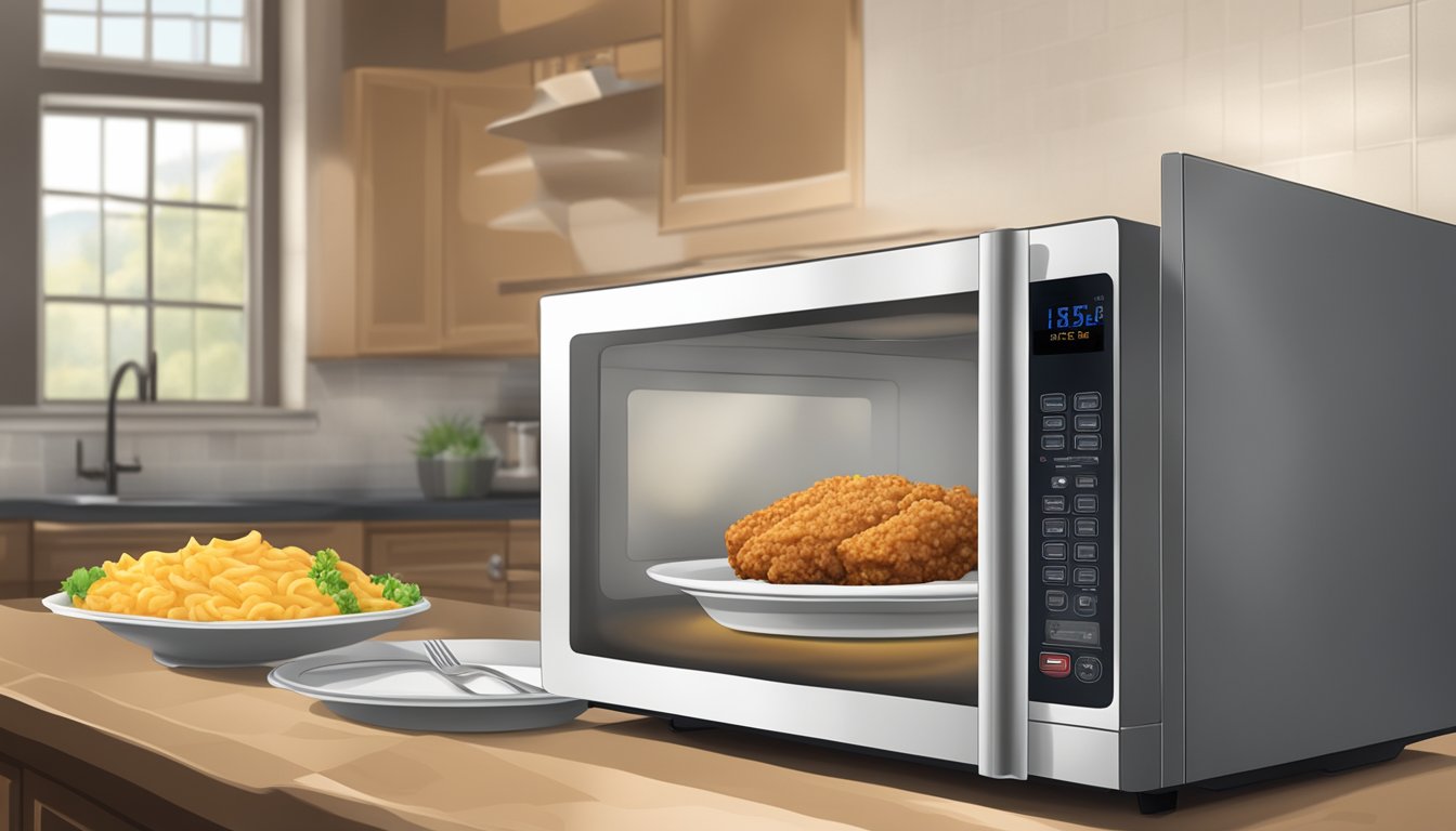 A microwave with a plate of chicken fried steak meal inside, steam rising