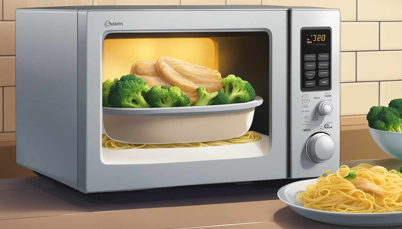 A microwave with a plate of banquet chicken broccoli pasta inside, steam rising as it heats up