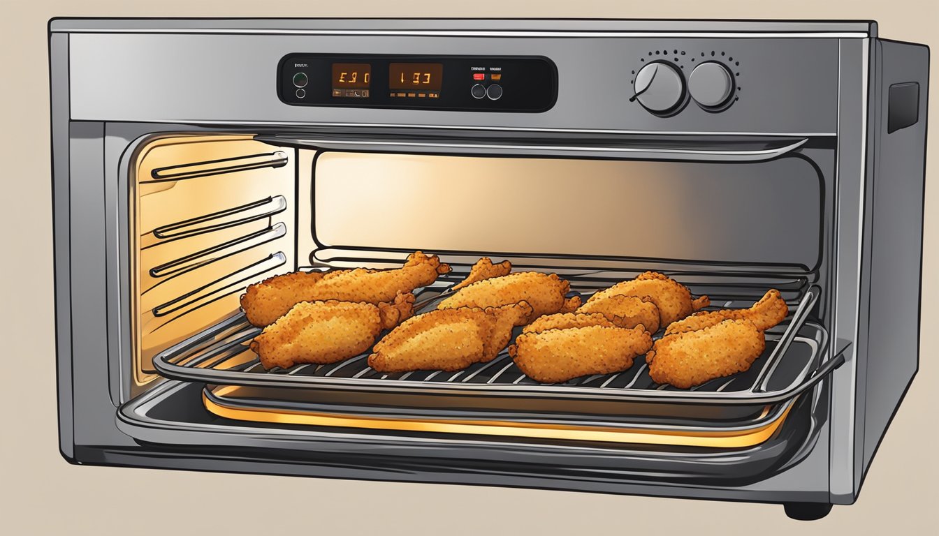 A plate of banquet chicken strips is placed in the oven for reheating. The oven door is open, and the warm glow of the heating elements is visible inside