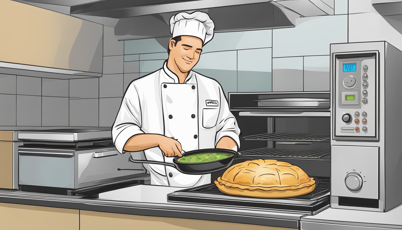 A chef using an oven to reheat a chicken pot pie for a banquet, checking the temperature with a thermometer