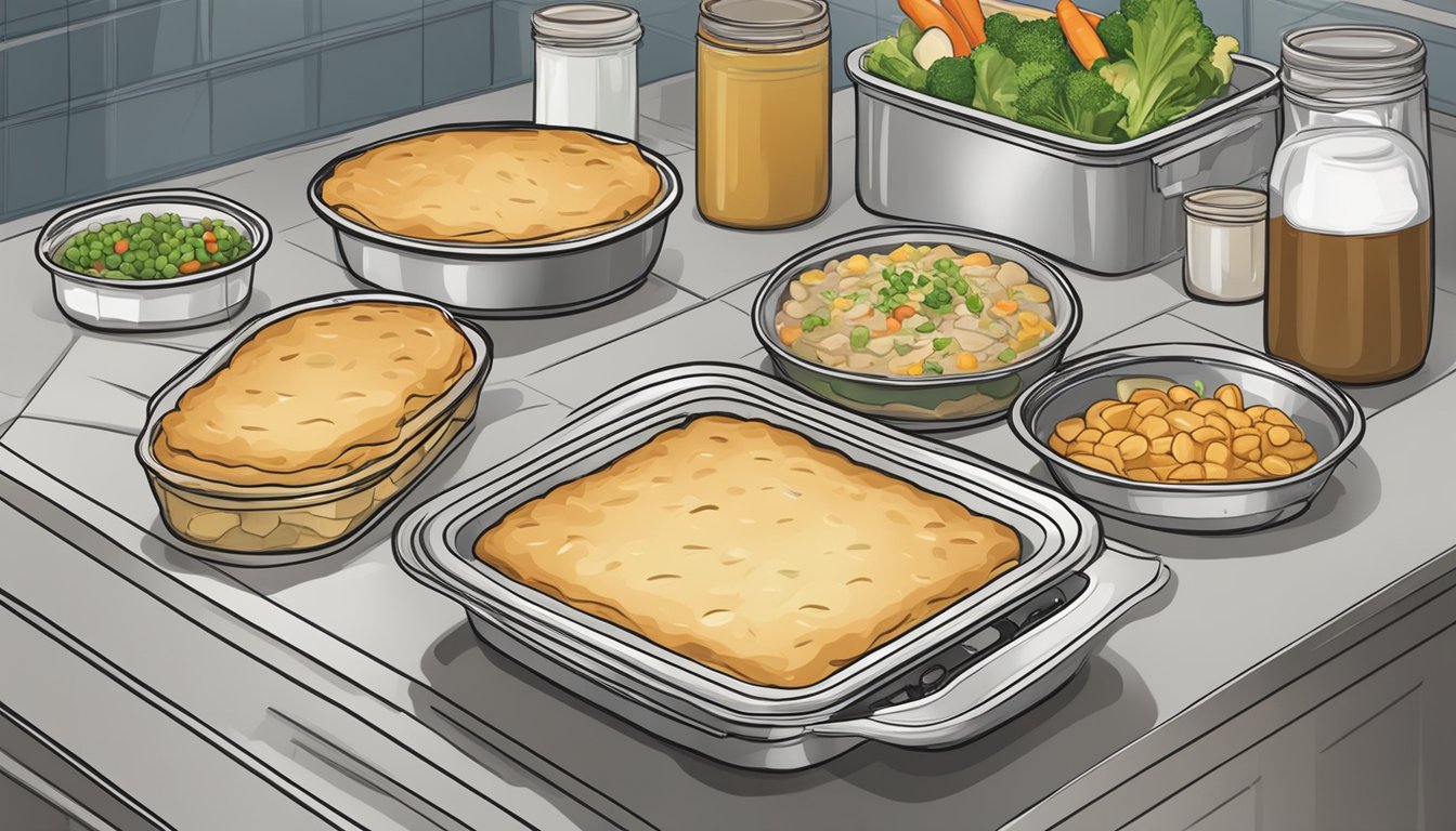 A steaming chicken pot pie sits on a counter, surrounded by various containers and foil. A microwave and oven are nearby, ready for reheating