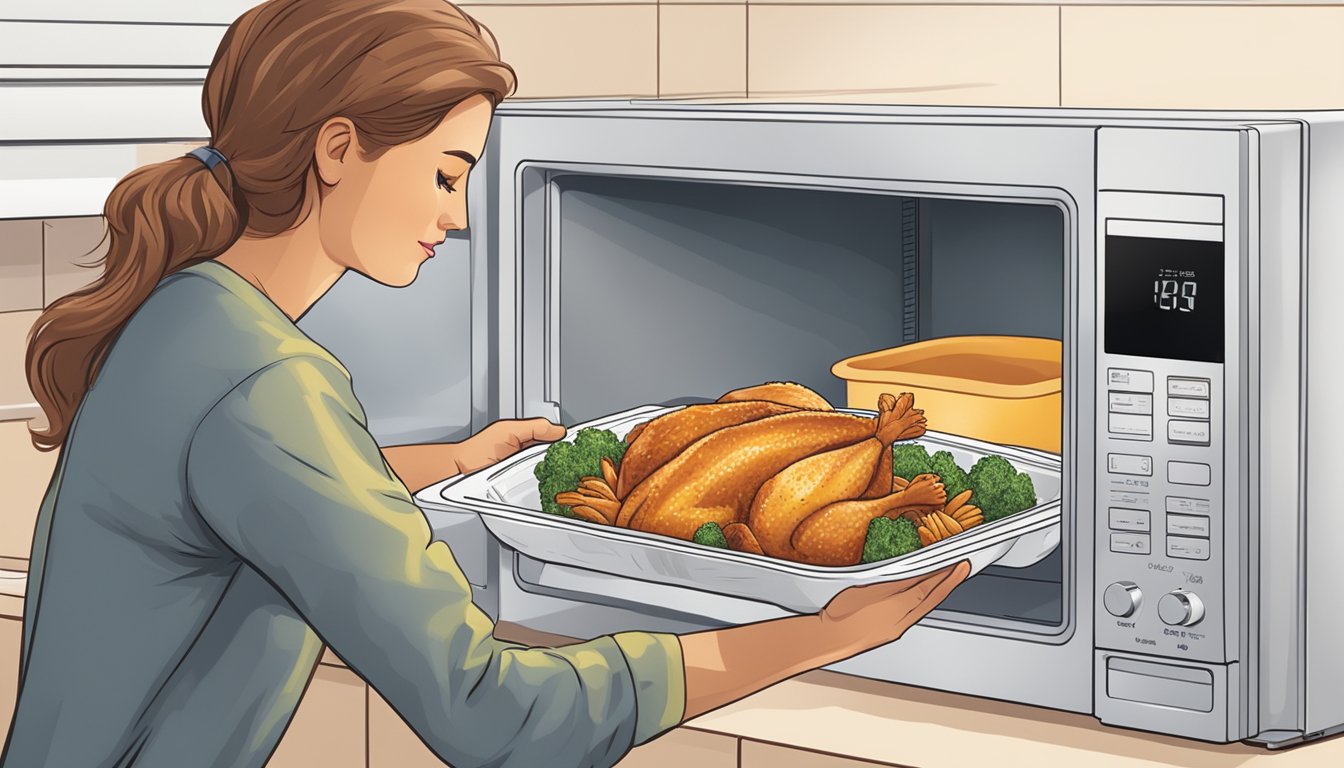 A person placing banquet chicken strips in a microwave-safe dish with a cover