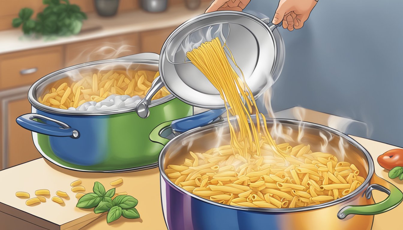 A pot of boiling water with Barilla Ready Pasta Penne being added for reheating