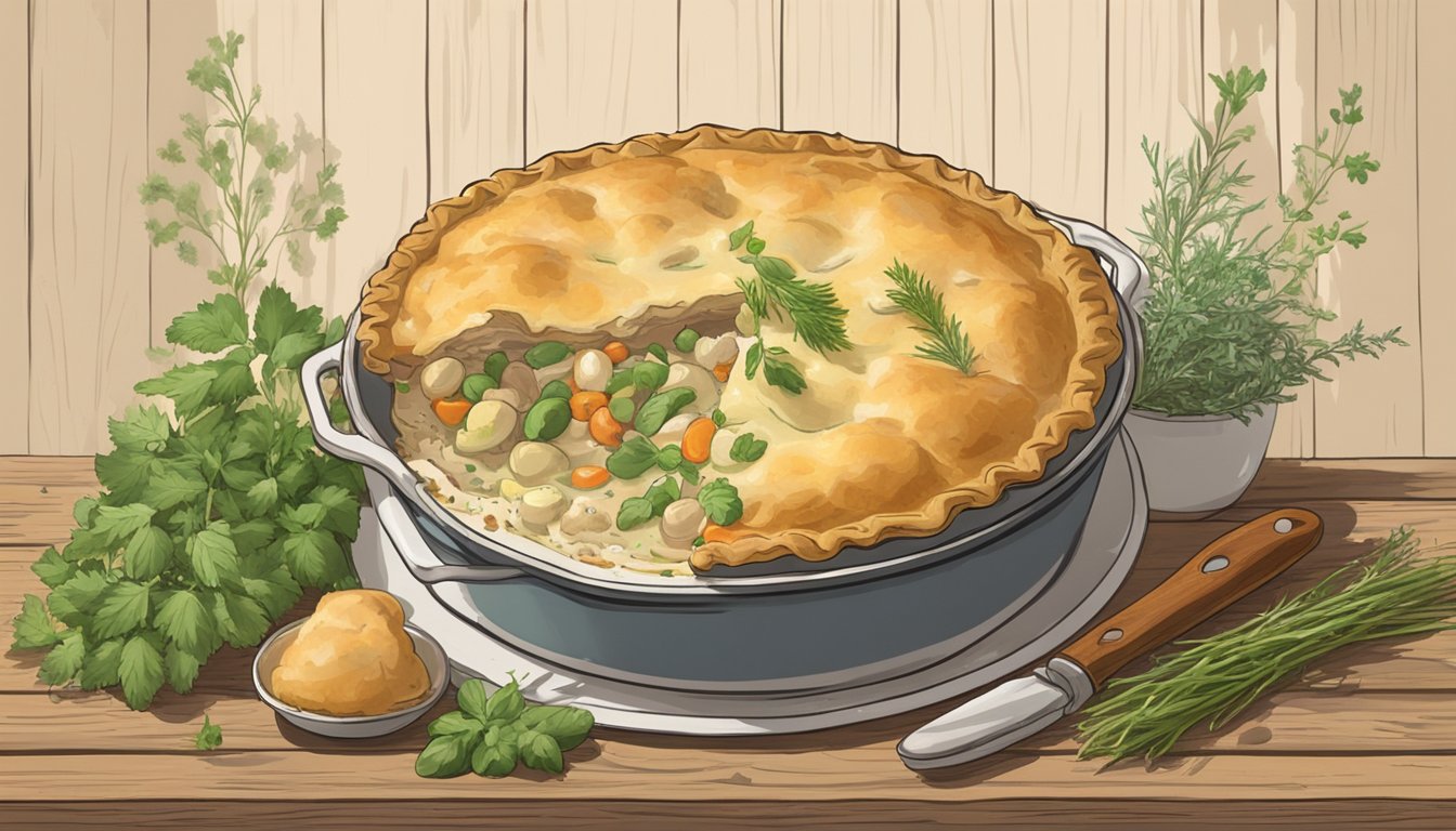 A steaming chicken pot pie sits on a rustic wooden table, surrounded by fresh herbs and a vintage pie dish