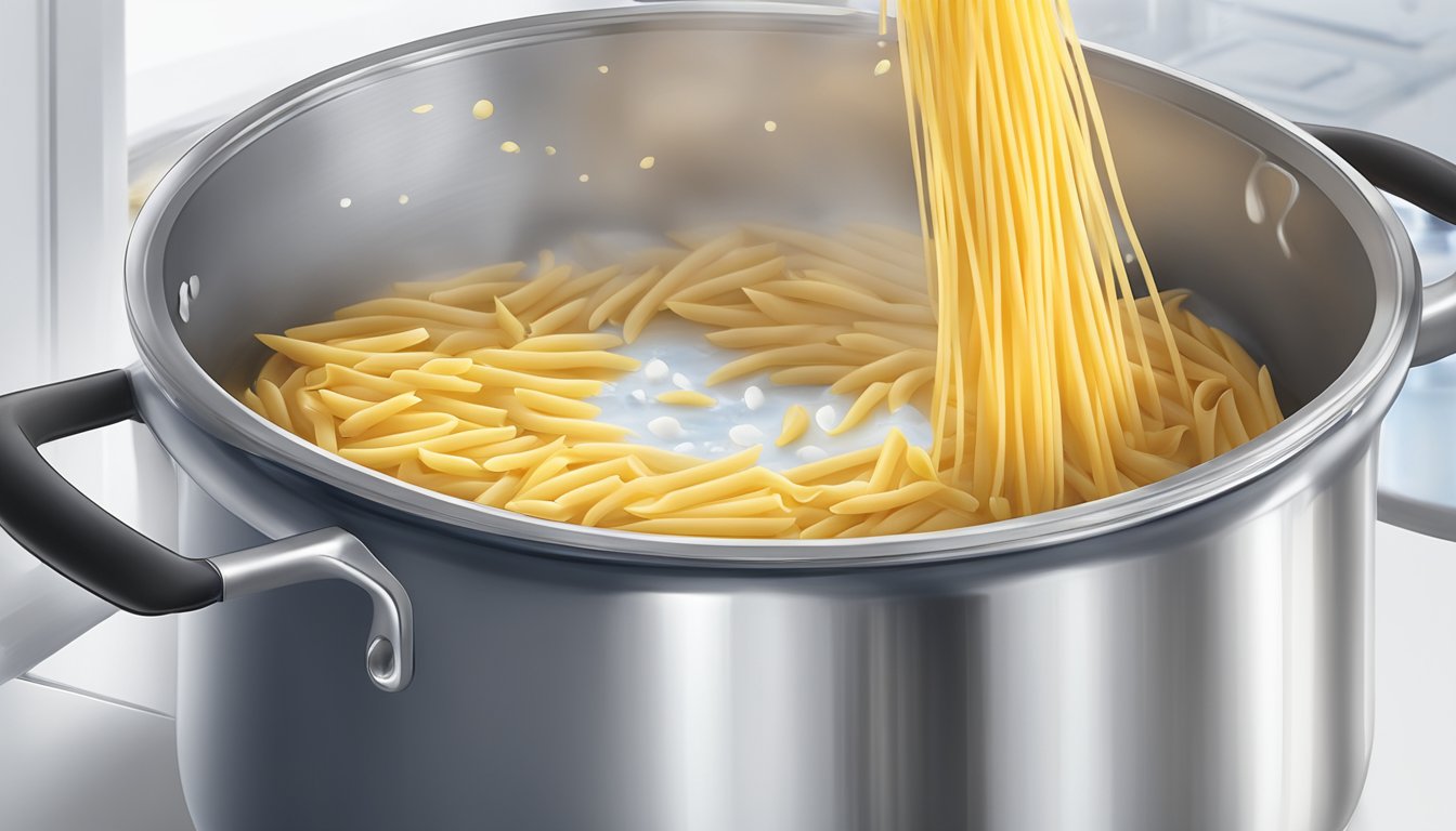 A pot of boiling water with Barilla ready pasta penne being stirred