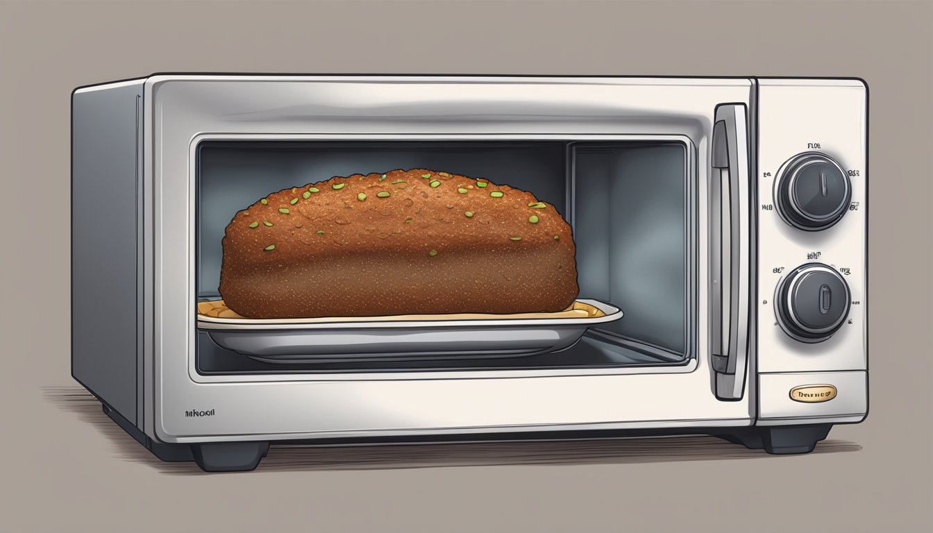 A microwave with a plate of meatloaf inside, steam rising