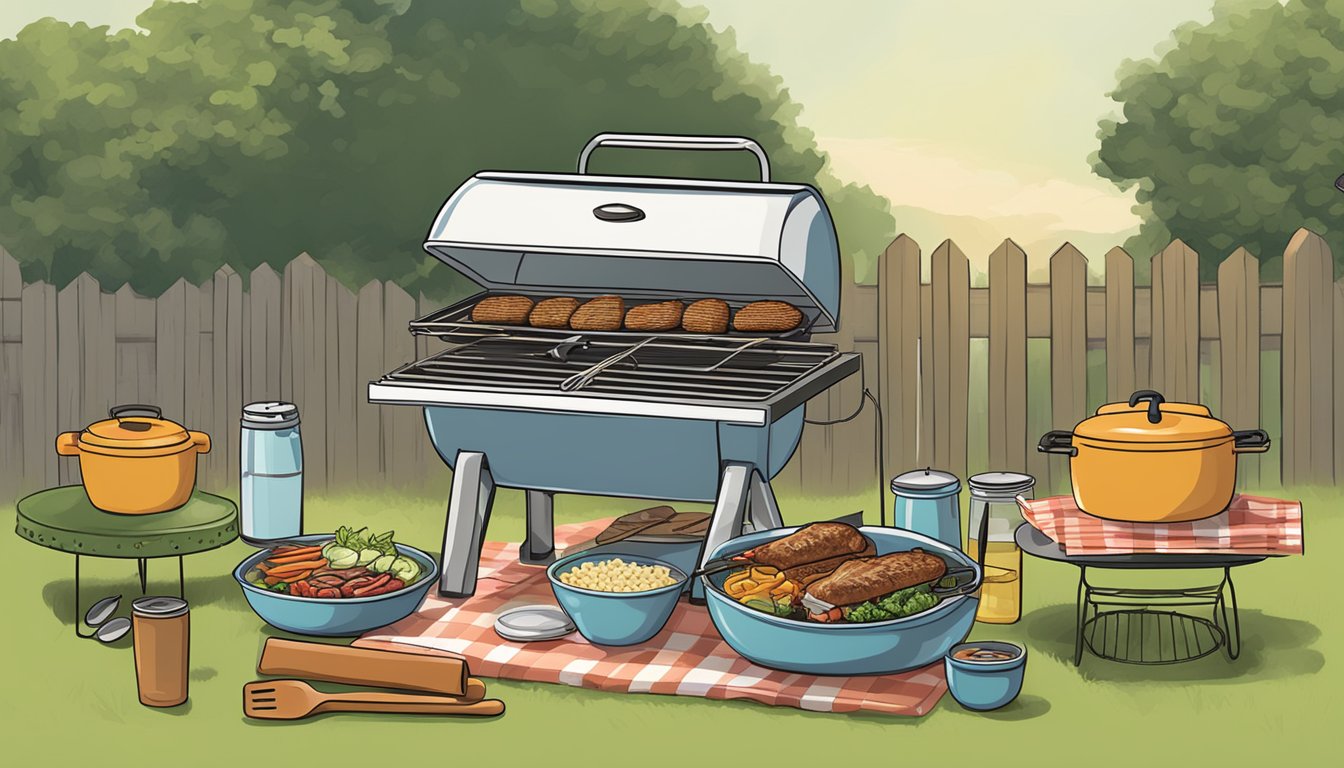 A backyard BBQ setup with a grill, utensils, and banquet mega bowls ready for reheating