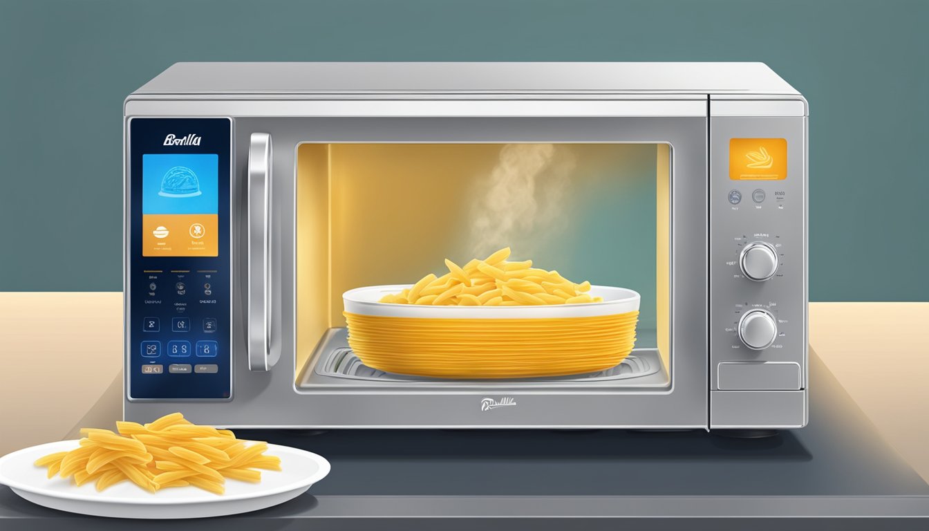 A microwave with a plate of Barilla ready pasta penne inside, steam rising from the dish as it heats up