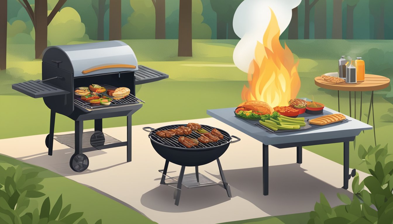 A backyard BBQ with a grill, picnic table, and Banquet Mega Bowls being reheated over the open flame