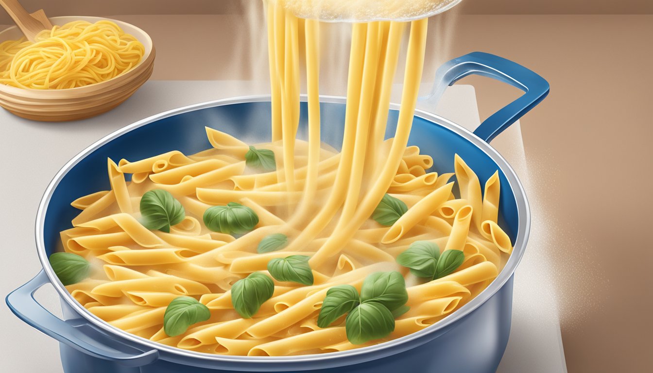 A steaming pot of water with a pouch of Barilla Ready Pasta Penne being submerged for reheating