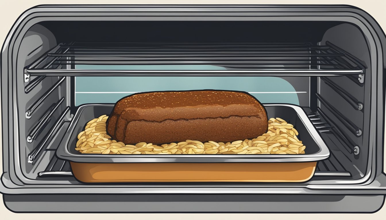 A meatloaf meal on a baking tray inside a preheated oven