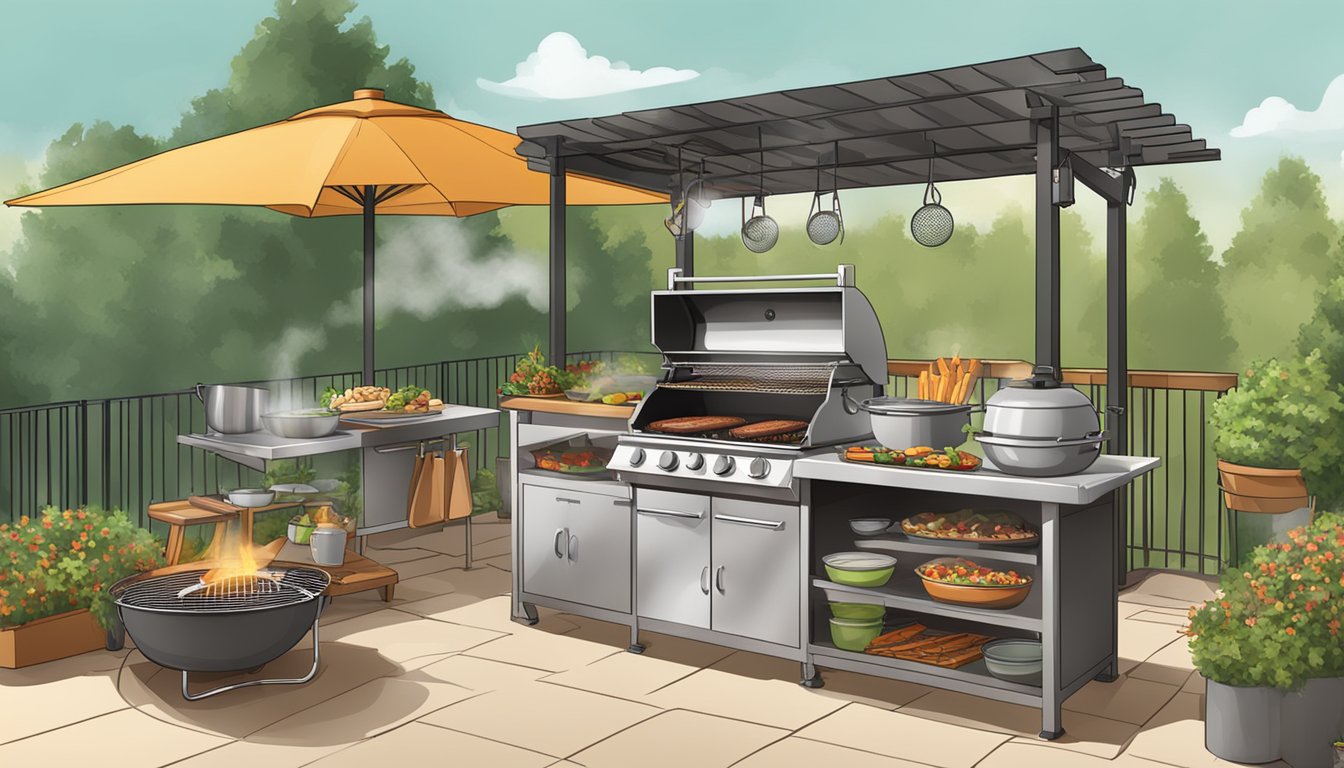 A large outdoor grill with steaming banquet mega bowls being reheated, surrounded by a backyard BBQ setup with utensils and ingredients