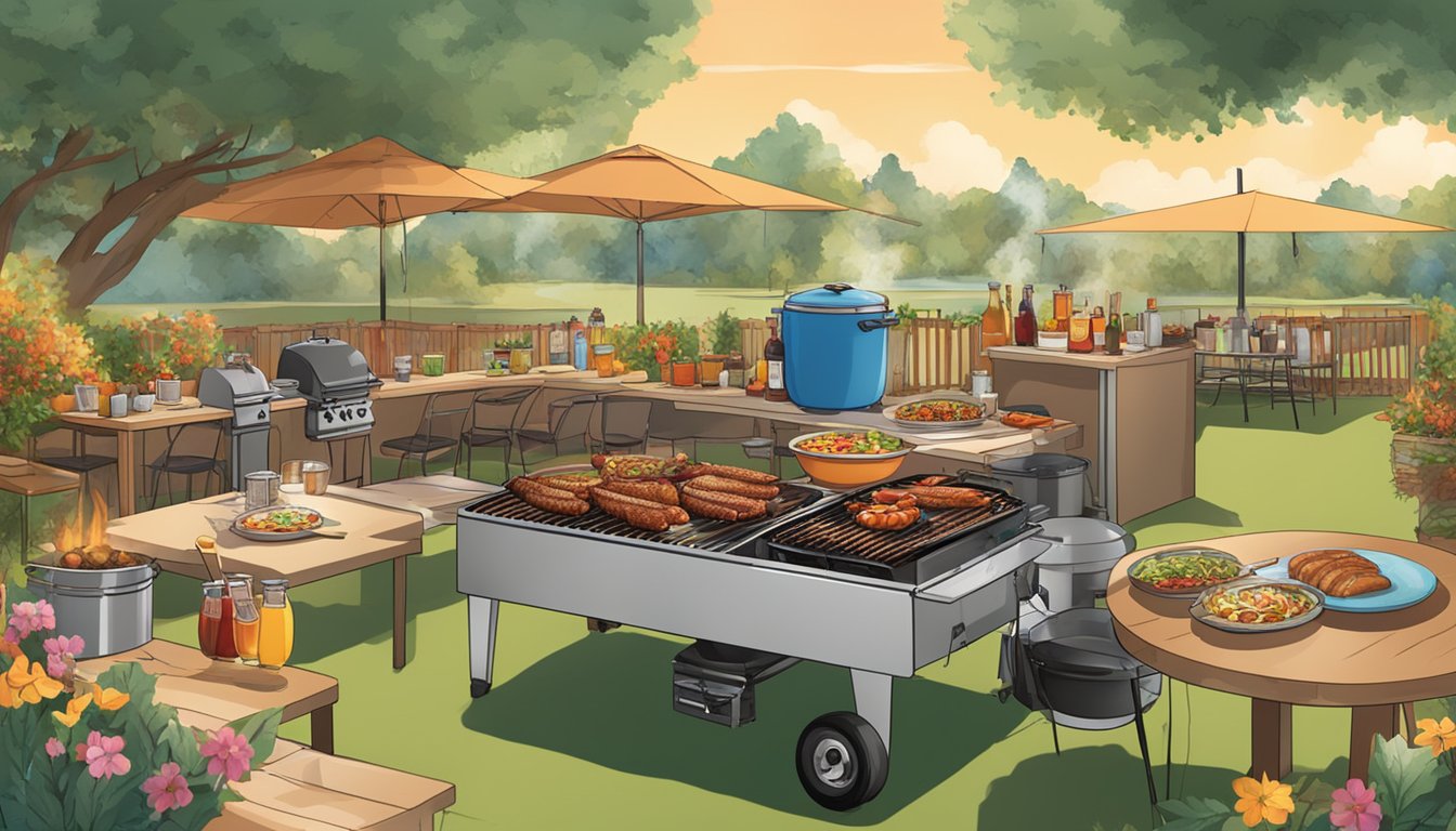 A backyard BBQ with a banquet mega bowl being reheated over the grill, surrounded by a spread of delicious food and drinks