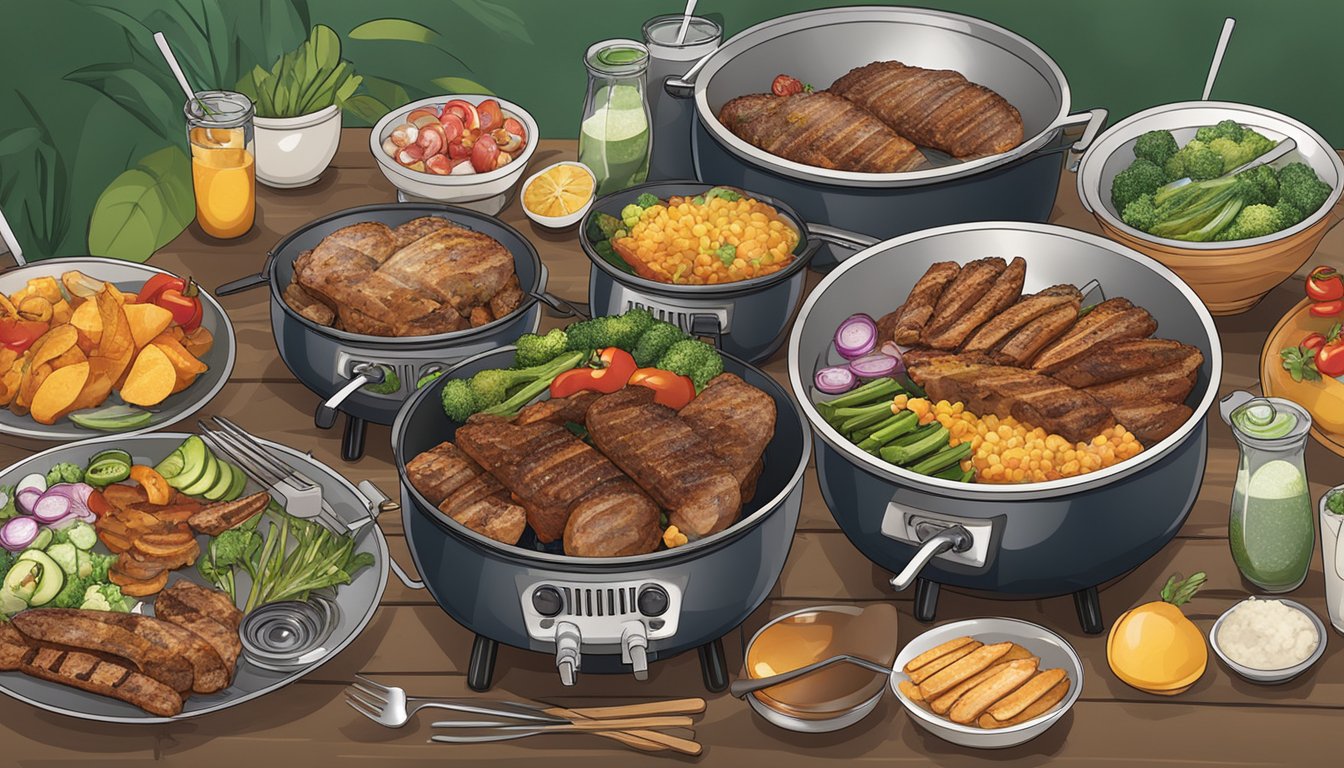 A backyard BBQ with banquet mega bowls being reheated over a grill, surrounded by various ingredients and utensils