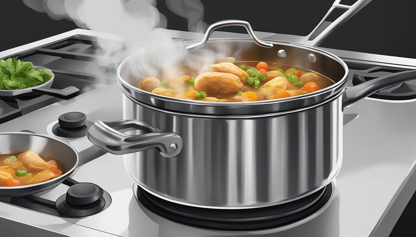 A steaming pot of Basque chicken stew being reheated on a stovetop. Steam rises as a spoon stirs the rich, aromatic mixture