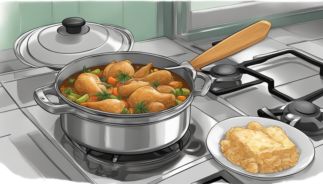 A pot of basque chicken stew sits on a stovetop, covered with a lid. A spoon rests beside the pot, ready for reheating